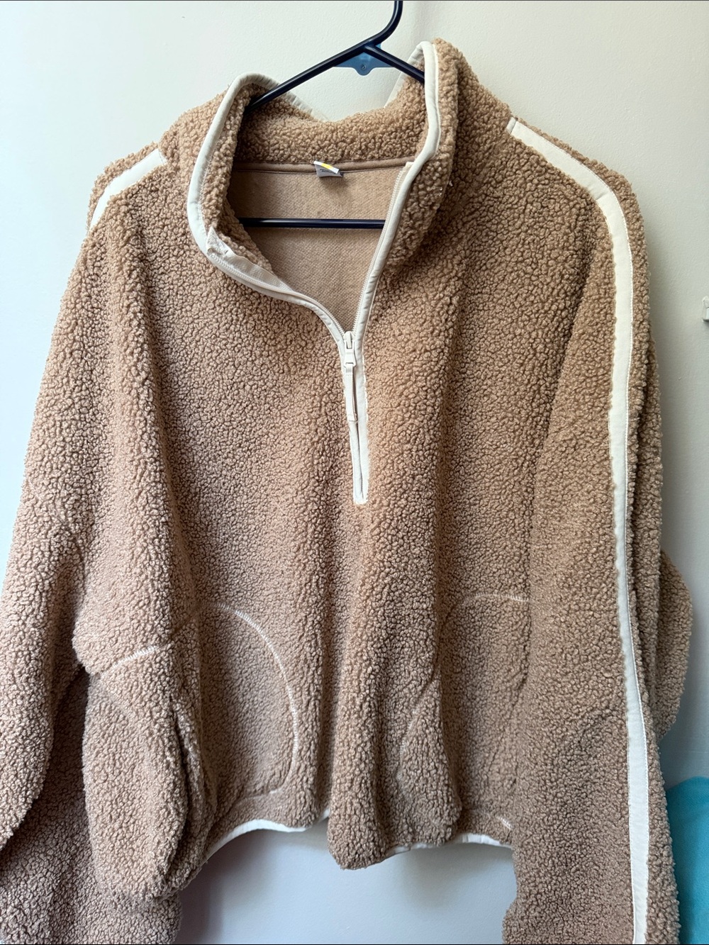 Old Navy Tan Sherpa Quarter-Zip Pullover with Cream Trim